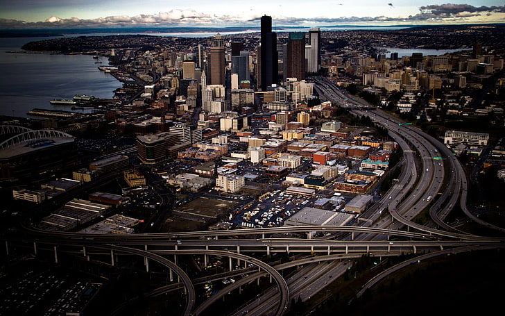 bird view photo of city, Seattle, cityscape, horizon, urban, building
