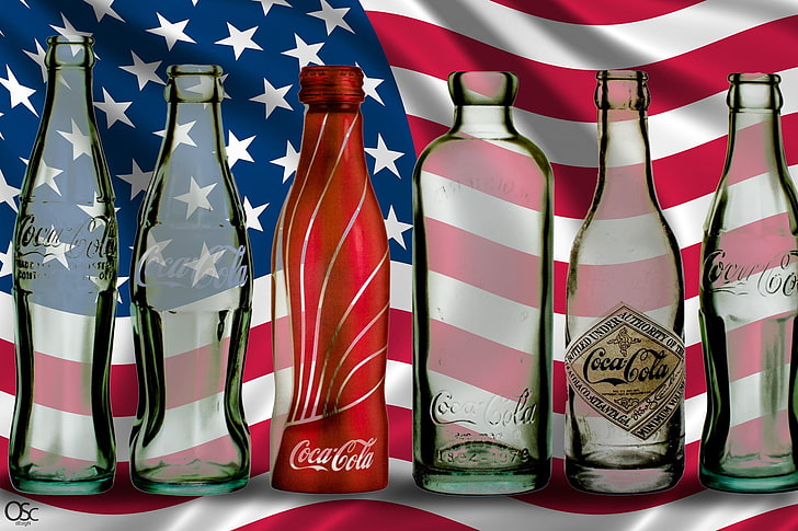 six Coca-Cola bottles poster, flag, USA, Stars and Stripes, no people, HD wallpaper