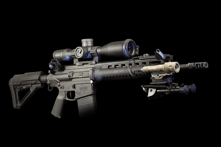 black assault rifle, weapons, background, flashlight, optics