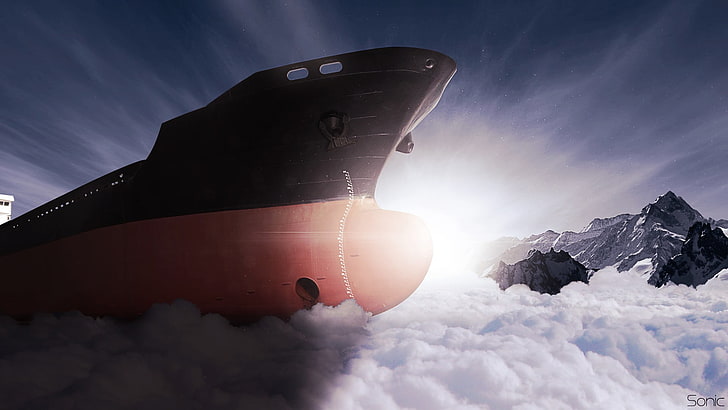 black and red airship, ice, ice breaker, sky, cloud - sky, nature