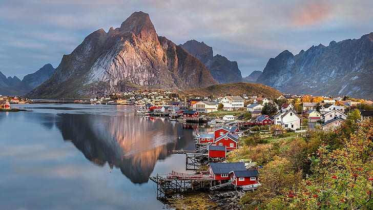 reine, village, mountain, reinefjord, reflection, tourism, fishing village, HD wallpaper