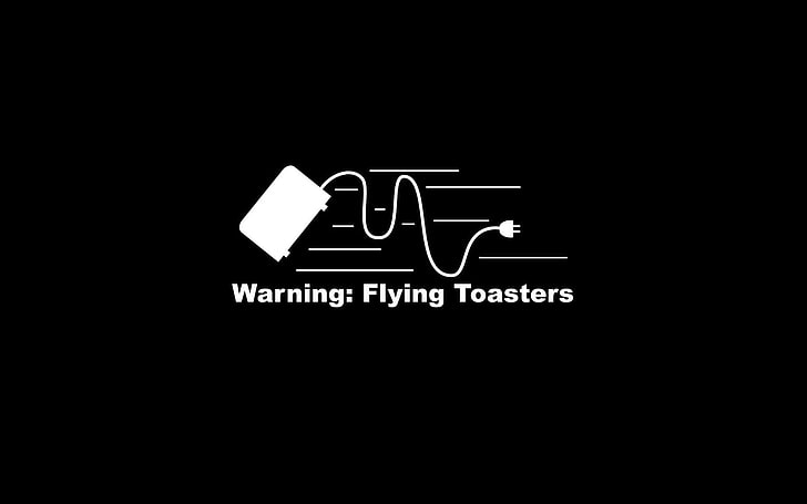 warning: flying toasters ad, humor, text, copy space, western script