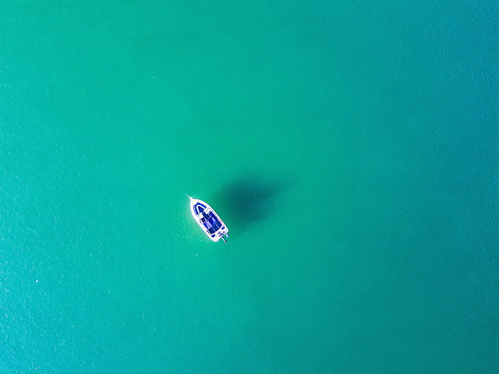 white and blue boat, sea, water, nature, turquoise, aerial view, HD wallpaper