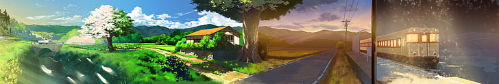 panoramas, seasons, train, anime, panoramic, nature, sky, plant, HD wallpaper