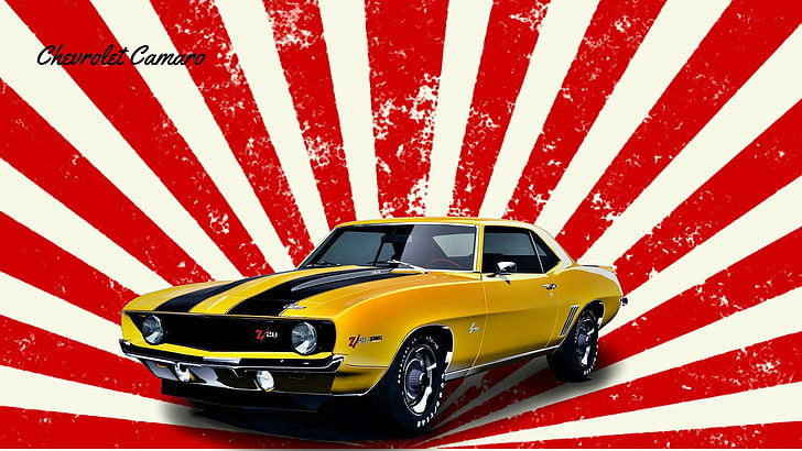 1969 Chevrolet Camaro SS, yellow, car, American cars, red, mode of transportation