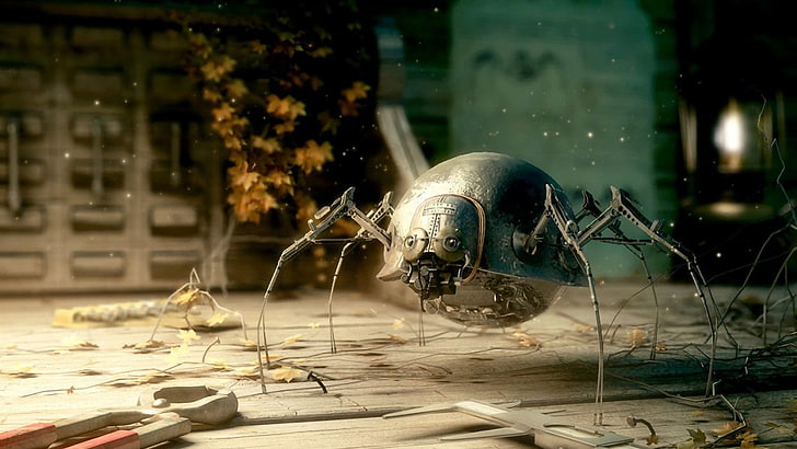 black insect robot, fantasy art, architecture, no people, damaged