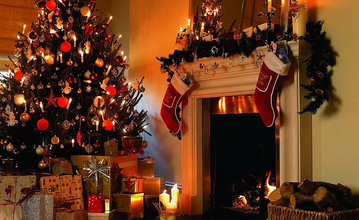 christmas tree, gifts, candles, fireplace, firewood, stockings, christmas, holiday, HD wallpaper