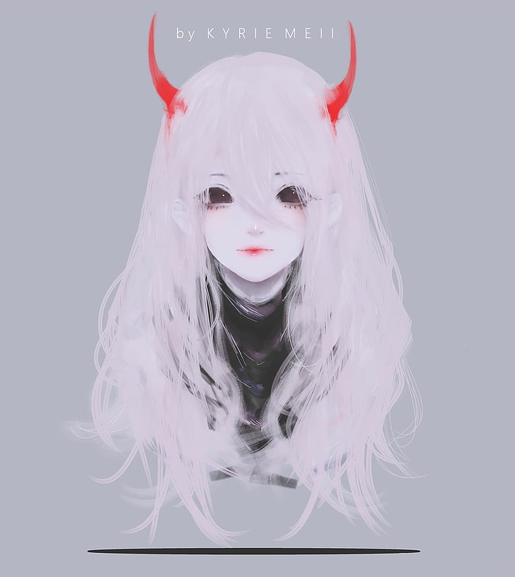 anime girls, Kyrie Meii, dark eyes, horns, face, long hair, HD wallpaper