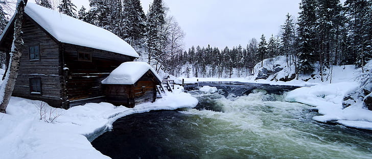 brown wooden cabin house during winter season, Myllykoski, karhunkierros, HD wallpaper