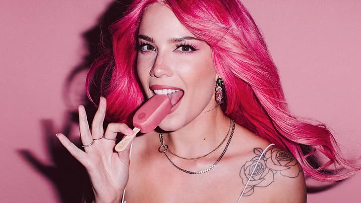 Halsey, Magnum Ice Cream (Food), singer, pink, tattoo, women, HD wallpaper