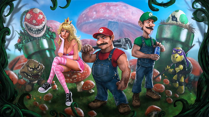 Mario, Super Mario Bros., Goomba, Kappa, Luigi, Piranha Plant, HD wallpaper