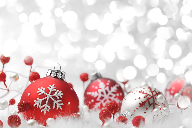 three red-and-white baubles, light, decoration, snowflakes, balls, HD wallpaper