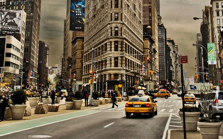 Flatiron, New York, city, building, street, cars, traffic, new York City, HD wallpaper