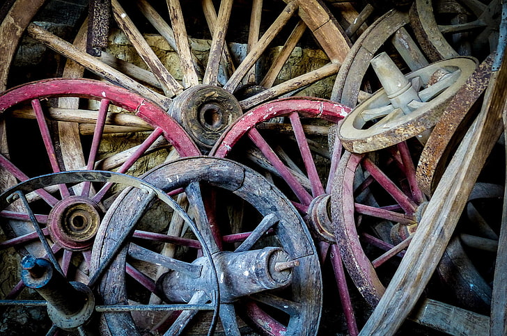 wheels, old, no people, day, wagon wheel, wood - material, transportation