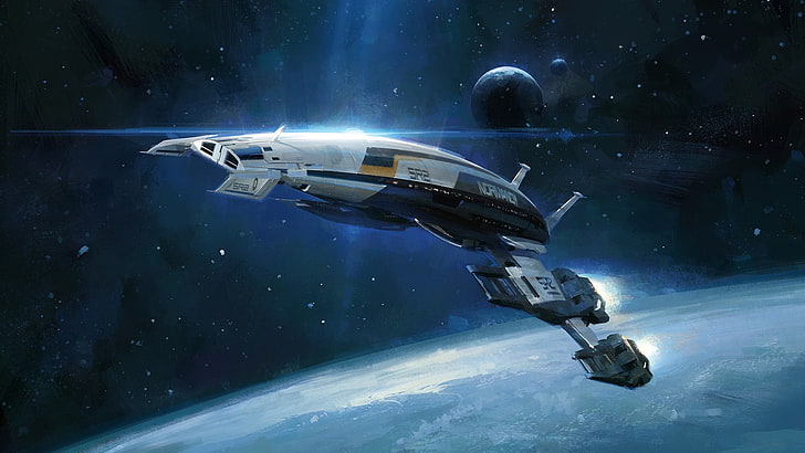 white and black spacecraft digital wallpaper, ship, planet, Normandy, HD wallpaper