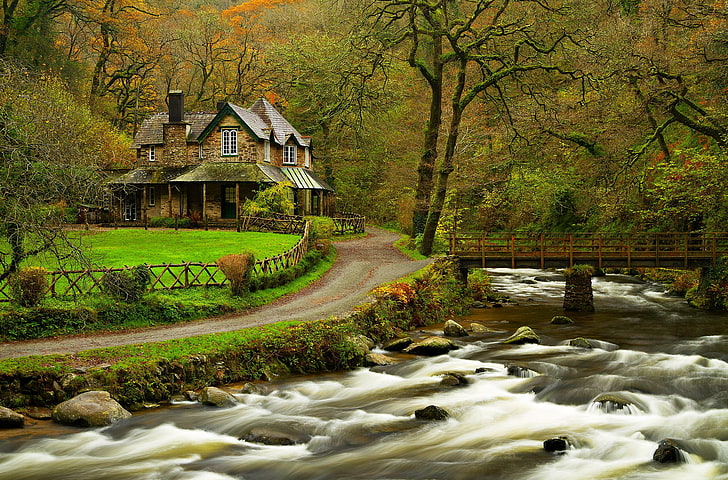 brown 2-storey house, river, grass, autumn, rocks, nature, rural Scene, HD wallpaper