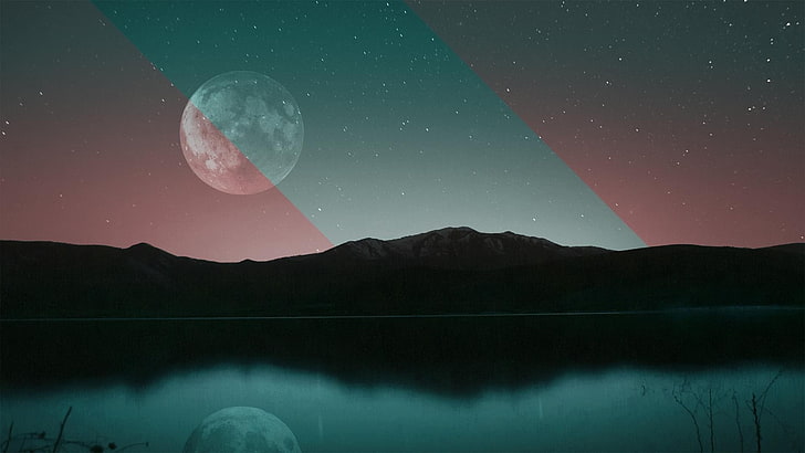 abstract, Moon, digital art, sky, reflection, stars, mountain