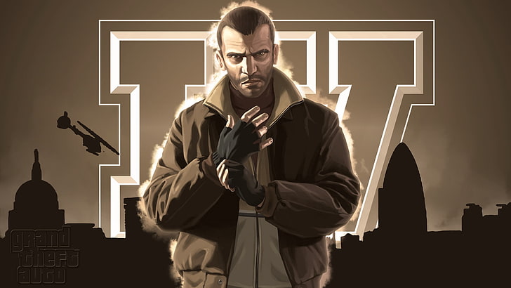 GTA poster, grand theft auto 4, niko bellic, helicopter, look