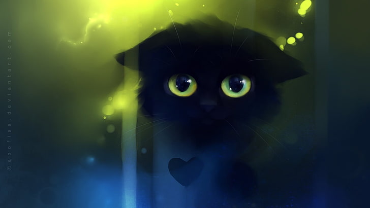 short-fur black kitten, cat, Apofiss, artwork, fantasy art, animal themes
