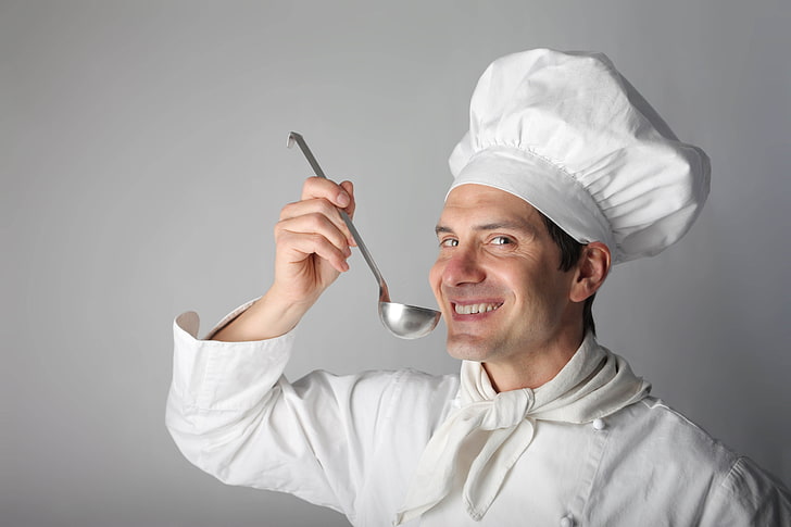 white chef hat, cook, soup ladle, gray background, men, smiling
