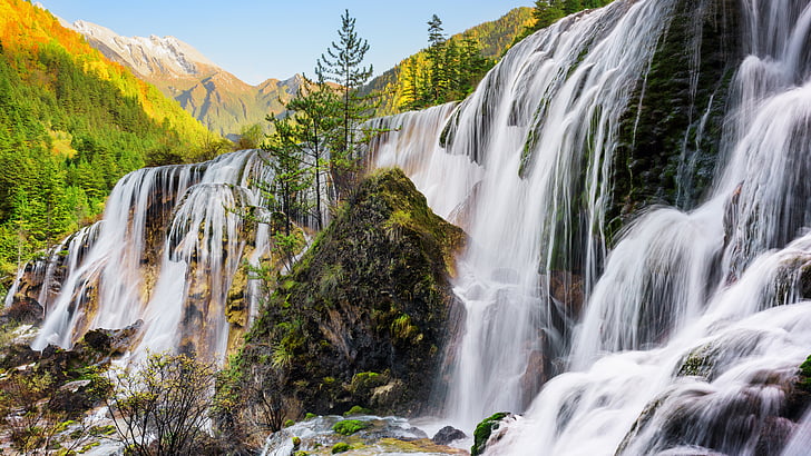 waterfall, nature, body of water, jiuzhaigou, vegetation, pearl shoal waterfall