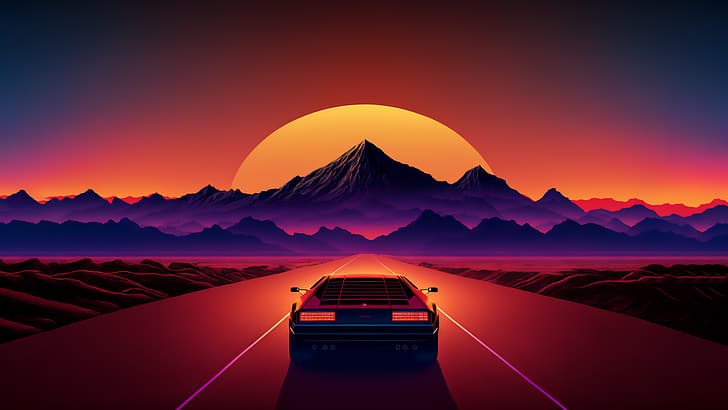 Free download Sports Car Futuristic Mountain Sunset Scenery Wallpaper 4K HD  PC [3840x2160] for your Desktop, Mobile & Tablet