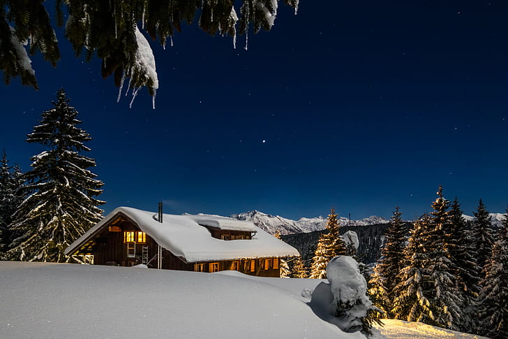 brown lighted house on snow beside trees, At Night, Winter, Allgäu, HD wallpaper