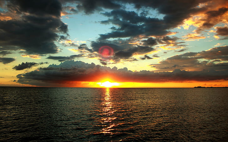 Sunset evening sea, sky, horizon, water, clouds, HD wallpaper