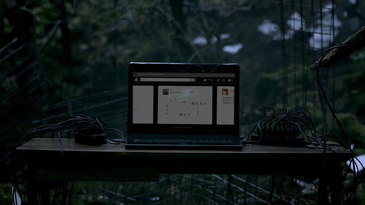 black laptop computer, photography, forest, Amazarashi, music video, HD wallpaper