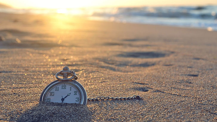 silver pocket watch, clocks, beach, sand, sunlight, time, instrument of time, HD wallpaper