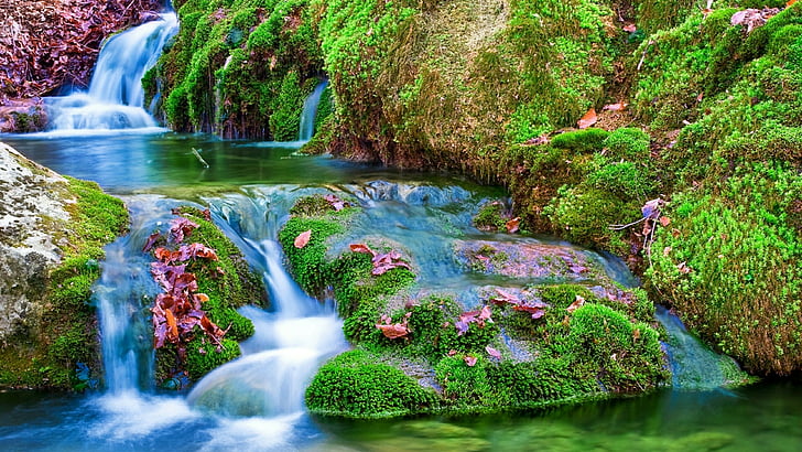 waterfall, green, stream, moss, mossy