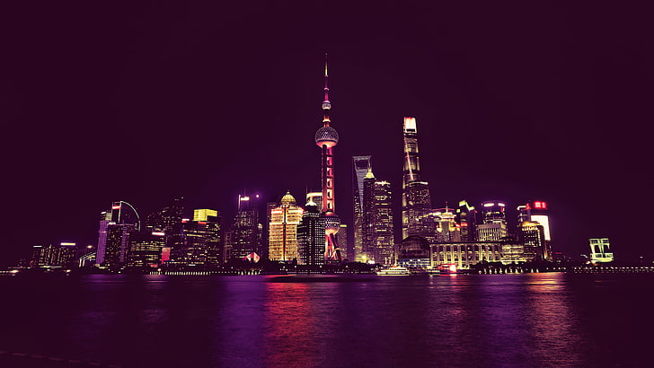 cityscape, night, landscape, neon, lights, China, water, Shanghai, HD wallpaper