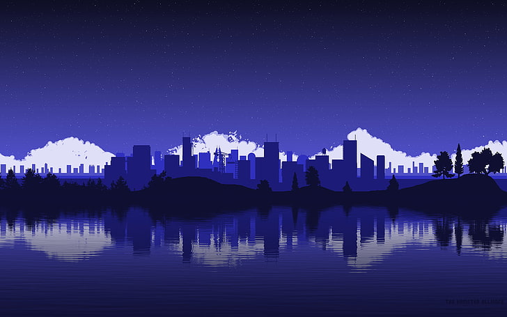 high-rise buildings vector, pixel art, cityscape, water, trees