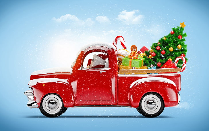 red pickup truck with gift boxes and Christmas tree illustration