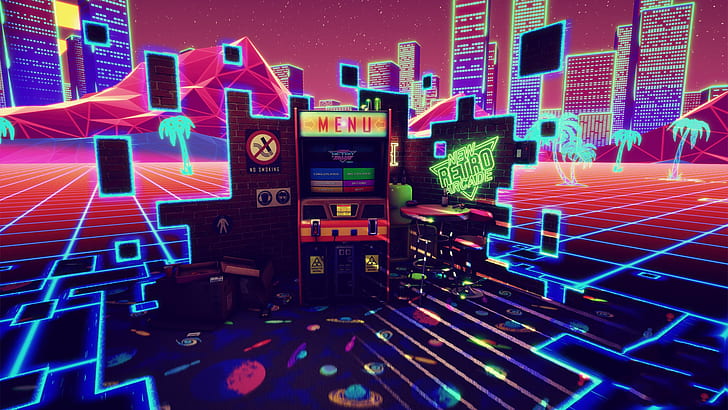 Music, The game, Neon, Palm trees, Machine, Synthpop, Darkwave