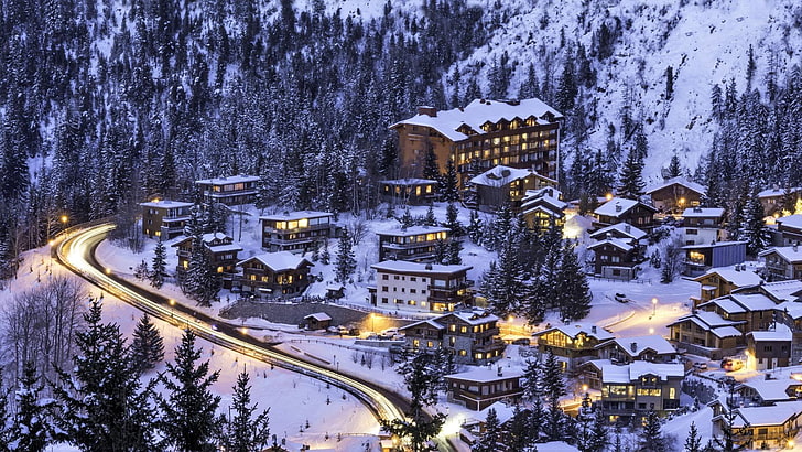 town, winter, snow, tree, fir, sky, ski resort, mountain, alps, HD wallpaper