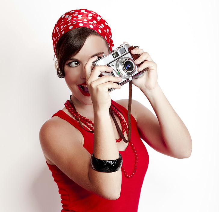 women's red tank top, girl, retro, mood, modern, the camera, beautiful, HD wallpaper