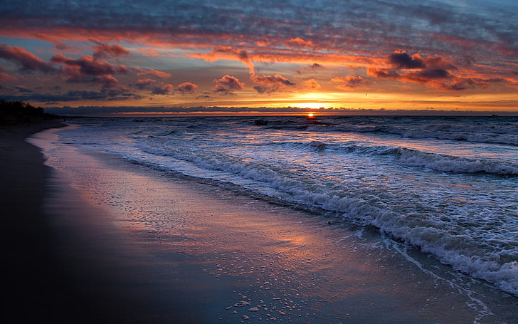 Sea waves, water, beach, sunset, sky, clouds, nature landscape