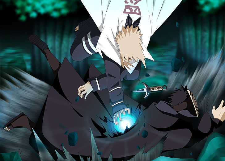 Naruto Minato and Obito illustration, rasengan, chakra, kunai