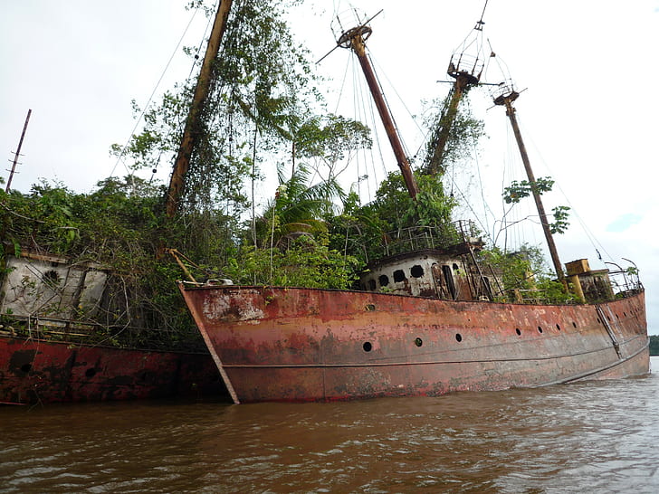 ship, old ship, trees, shipwreck, abandoned, rust, HD wallpaper