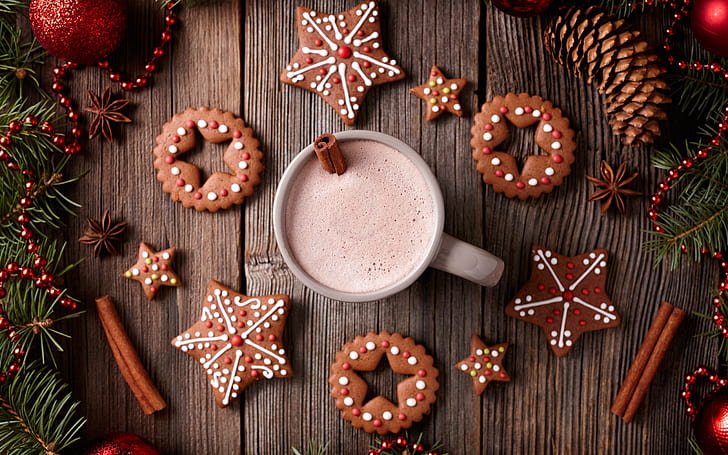 Merry Christmas, cookies, cup, drinks, HD wallpaper