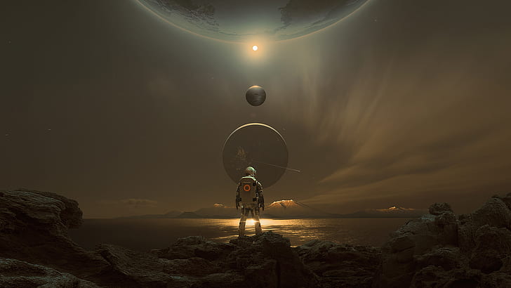 astronaut, planet, space, Mars, sky, night, science fiction, HD wallpaper