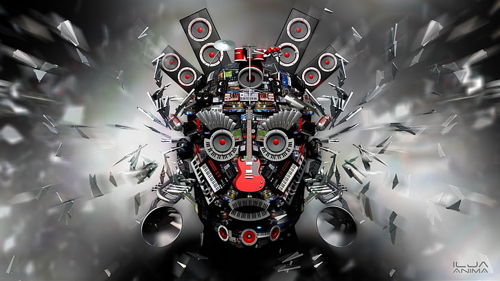 robotic head stereo illustration, digital art, 3D, CGI, face, HD wallpaper