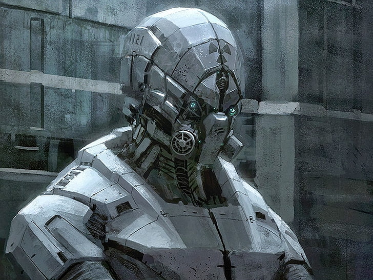 robot illustration, science fiction, futuristic, military, headshot