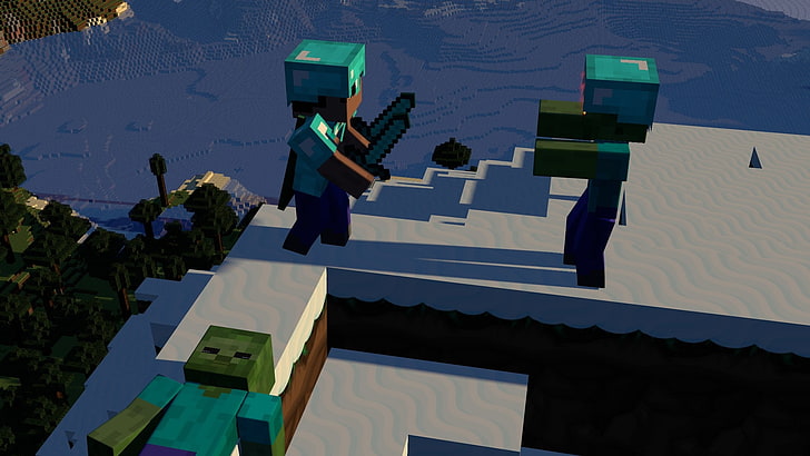 attack, zombies, mountains, snow, Minecraft, architecture, building exterior