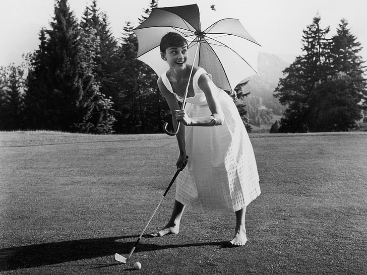 audrey, dress, golf, hepburn, umbrella, HD wallpaper