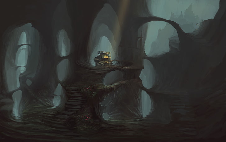First Temple: Ruins Cave 2 Fantasy-art-cave-building-dark-theme-wallpaper-preview