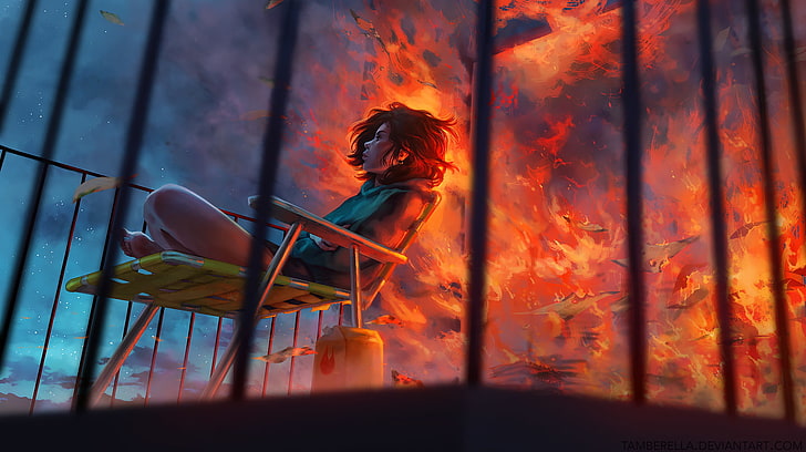 fire, anime girls, chair, balcony, 2D, digital art, sky, smoke