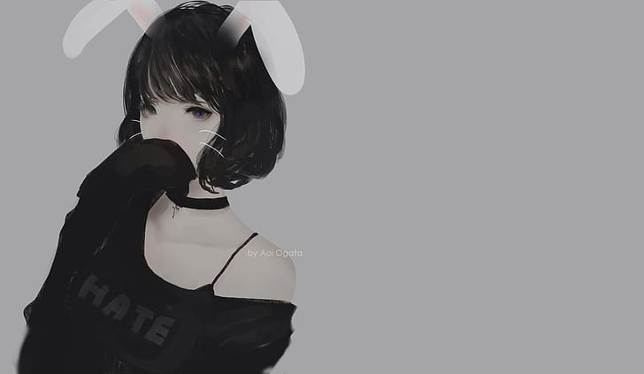 bunny ears, Aoi Ogata, women, simple background, hate-chan, HD wallpaper