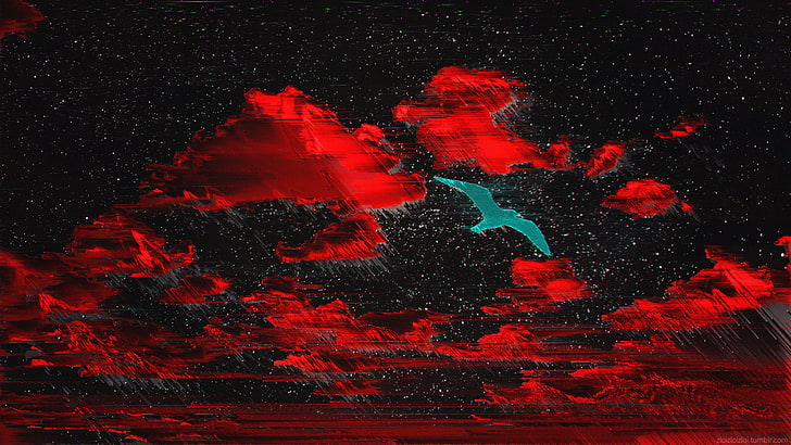 red and black abstract painting, glitch art, night, sky, animal